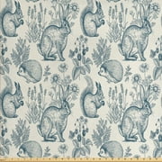 Ambesonne Animal Fabric by the Yard Upholstery, Bunnies Hedgehog Flowers, 2 Yards, Eggshell and Dark Teal