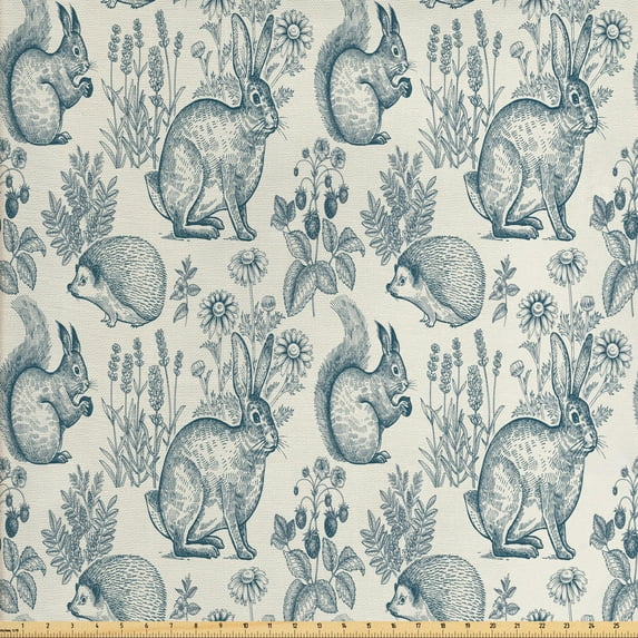 Ambesonne Animal Fabric by the Yard Upholstery, Bunnies Hedgehog Flowers, 2 Yards, Eggshell and Dark Teal