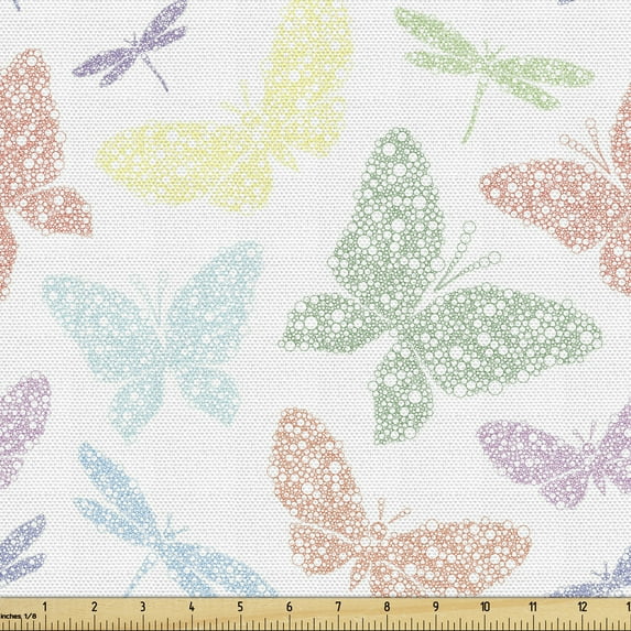 Ambesonne Animal Fabric by the Yard Upholstery, Butterfly Dragonfly, 1 Yard, Multicolor