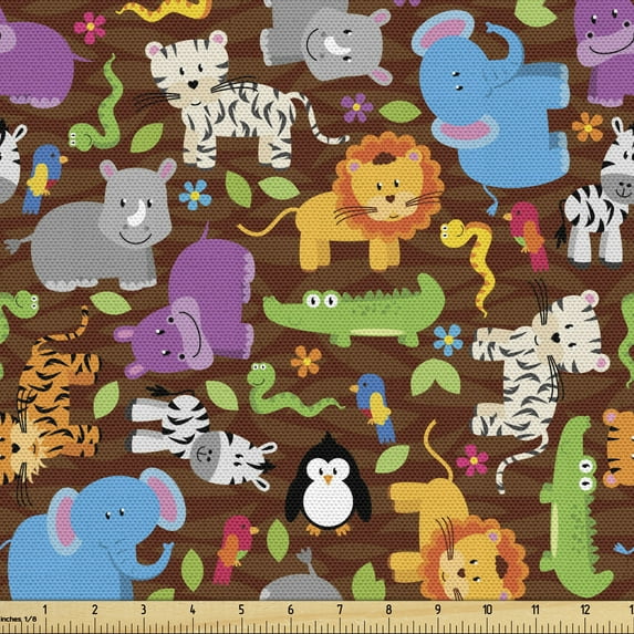 Ambesonne Animal Fabric by the Yard Upholstery, Cartoon Jungle Scene, 10 Yards, Multicolor