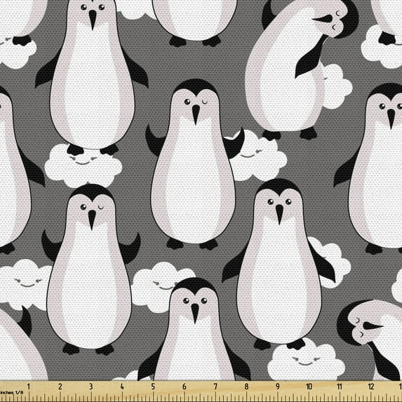 Ambesonne Animal Fabric by the Yard Upholstery, Cartoon Penguins and Clouds, 5 Yards, Dimgray White Black