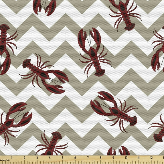 Ambesonne Animal Fabric by the Yard Upholstery, Lobsters on Zigzags Design, 5 Yards, Dark Tan and Maroon