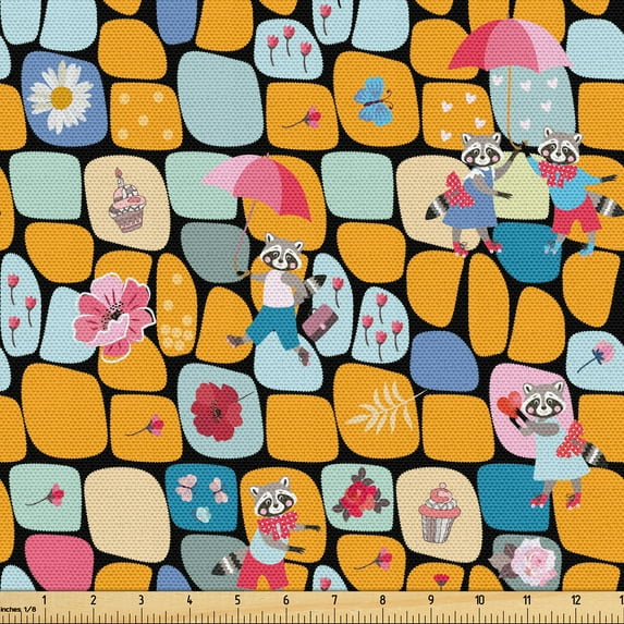 Ambesonne Animal Fabric by the Yard Upholstery, Racoons and Floral Motifs, 2 Yards, Orange and Multicolor