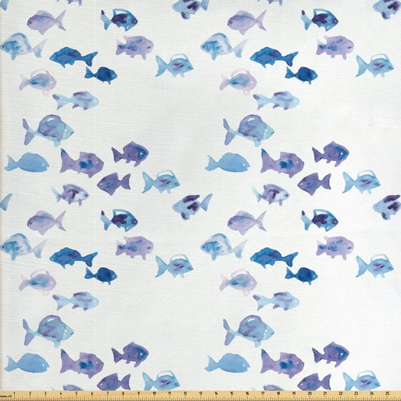 Ambesonne Animal Fabric by the Yard Upholstery, Watercolor Fishes, 3 Yards, Pale Blue Mauve Blue