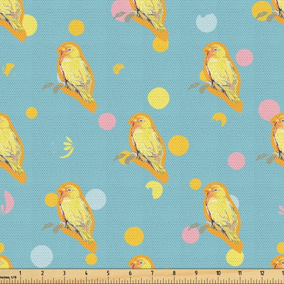 Ambesonne Animal Fabric by the Yard Upholstery, Yellowish Parrots Circles, 1 Yard, Pale Slate Blue Mustard