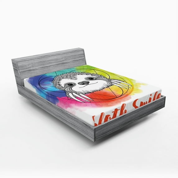 Ambesonne Animal Fitted Sheet 2 Pcs Set, Rainbow Sloth Sketch, Full, Multicolor