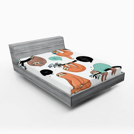 Ambesonne Animal Fitted Sheet 2 Pcs Set, Smiling Sloth Cartoon, King, Multicolor