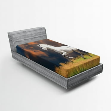 Ambesonne Animal Fitted Sheet, Andalusian Horse Dusk, Twin Size, White Orange Green