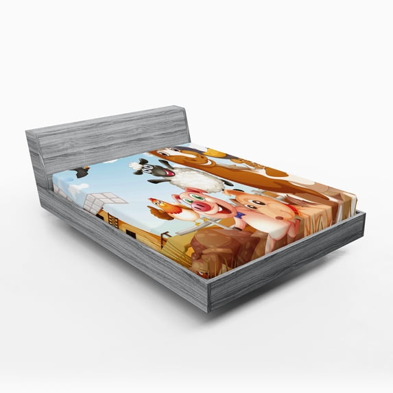 Ambesonne Animal Fitted Sheet, Animals in Farm Art, Queen Size, Pale Blue and Brown