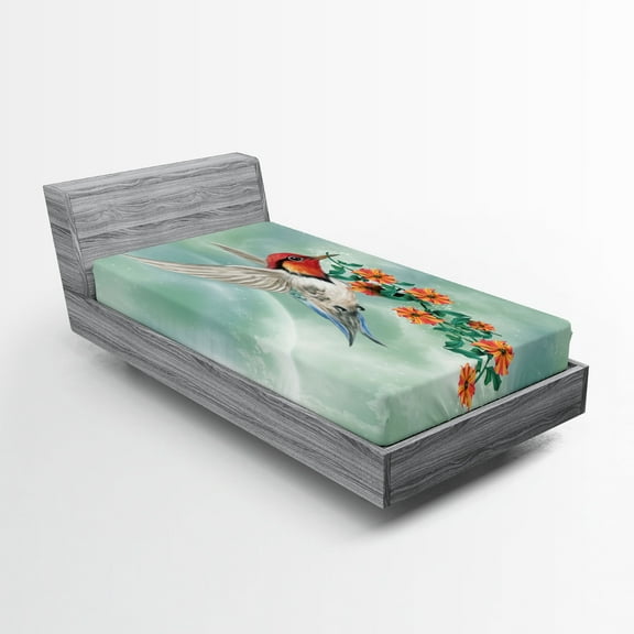 Ambesonne Animal Fitted Sheet, Bird with Flower Branch, Twin Size, Orange Green