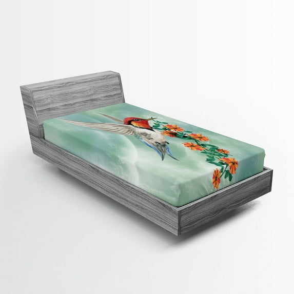 Ambesonne Animal Fitted Sheet, Bird with Flower Branch, Twin Size, Orange Green