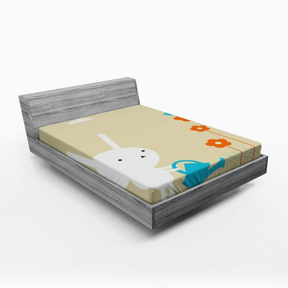 Ambesonne Animal Fitted Sheet, Bunny with Flowers, Queen Size, White Tan and Blue