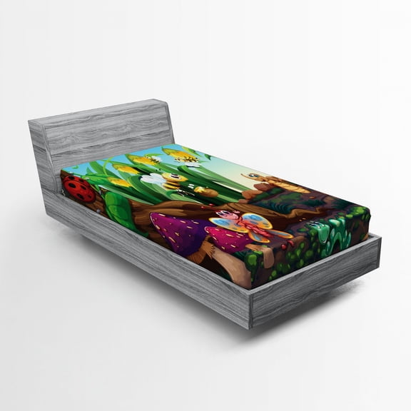 Ambesonne Animal Fitted Sheet, Butterfly Bee in Exotic, Twin Size, Multicolor