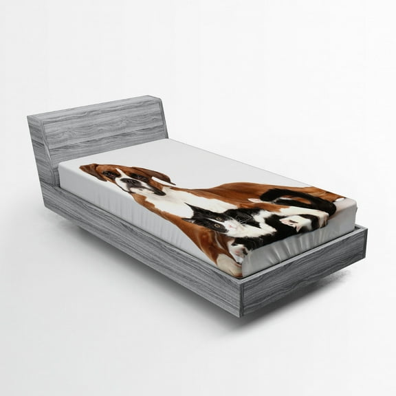 Ambesonne Animal Fitted Sheet, Cat Dog Friends Portrait, Twin Size, Brown Black White