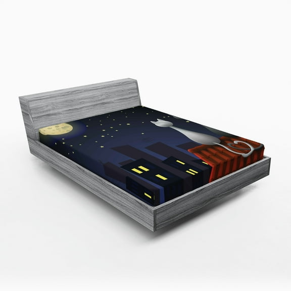 Ambesonne Animal Fitted Sheet, Cats on the Roof Valentines, Full Size, Grey Yellow