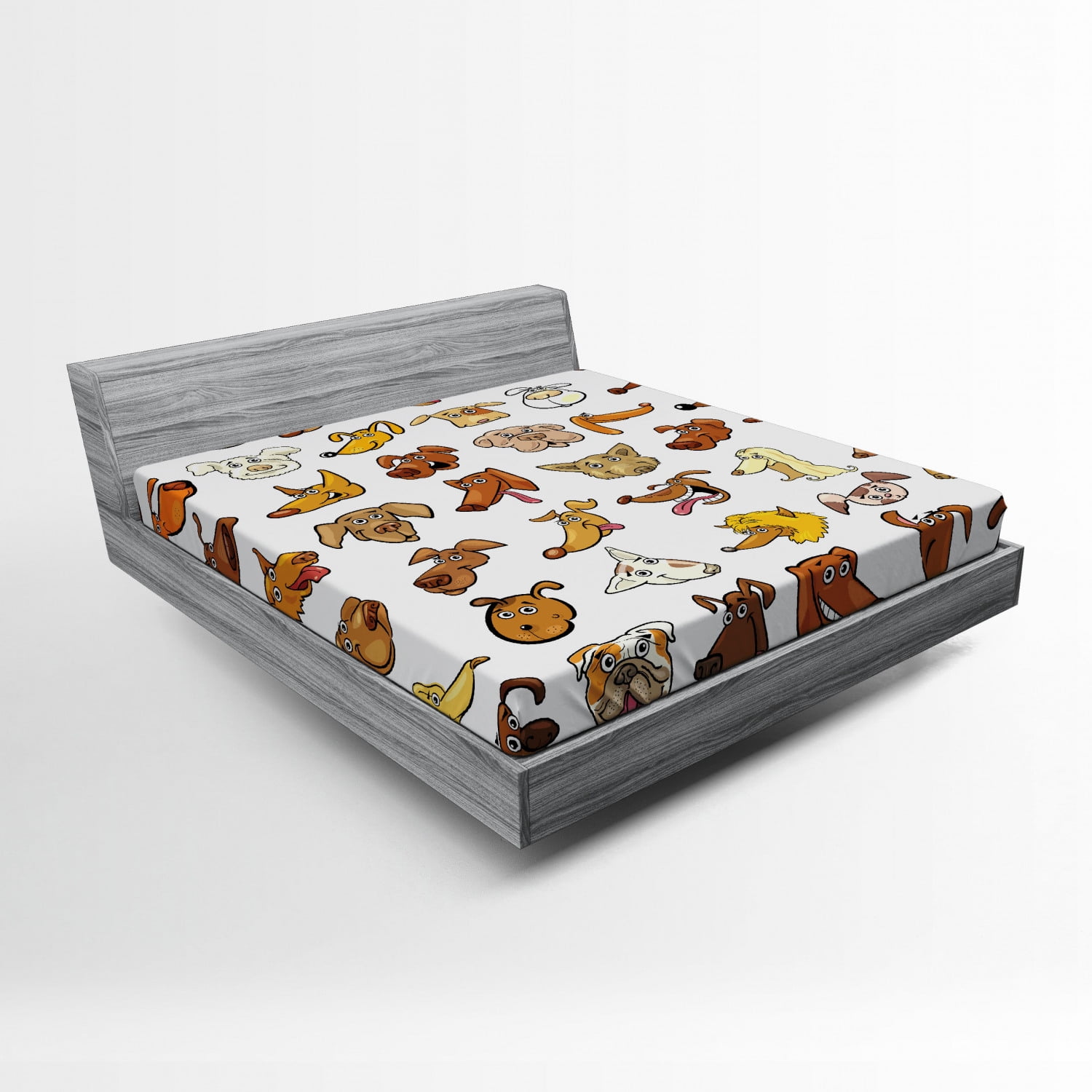 Queen Size White Microfiber Fitted Sheet with Dog Print