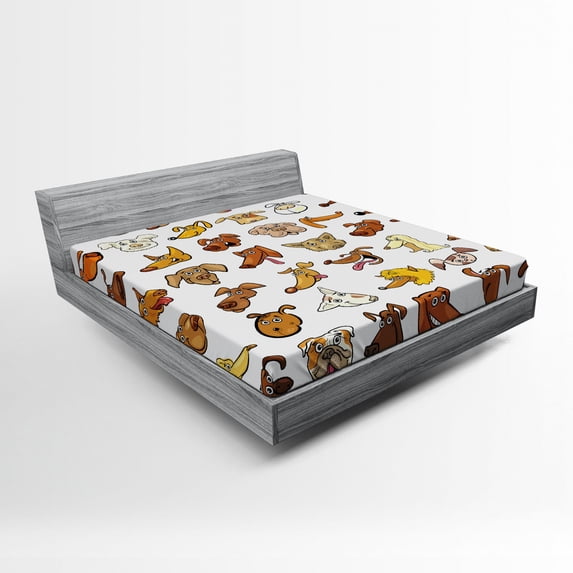 Ambesonne Animal Fitted Sheet, Dog Heads Puppy Canin, Queen Size, White Yellow Chocolate
