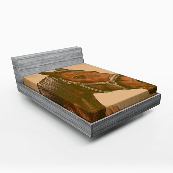 Ambesonne Animal Fitted Sheet, Engraving Horse Head, Full Size, Brown and Sand Brown