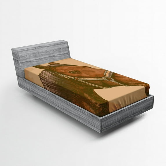 Ambesonne Animal Fitted Sheet, Engraving Horse Head, Twin Size, Brown and Sand Brown