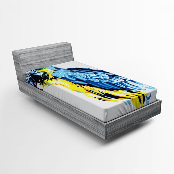 Ambesonne Animal Fitted Sheet, Exotic Parrot Painting, Twin Size, Pale Blue Navy Blue