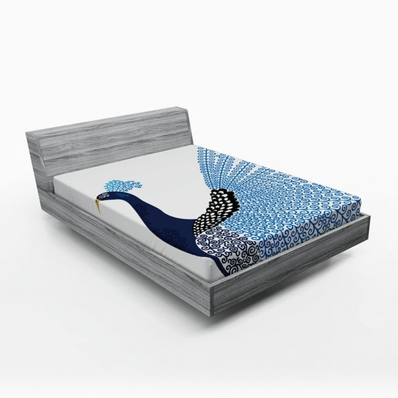 Ambesonne Animal Fitted Sheet, Exotic Peacock Feather, Full Size, Dark Blue Blue and Black
