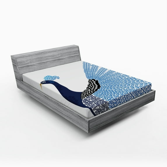 Ambesonne Animal Fitted Sheet, Exotic Peacock Feather, Queen Size, Dark Blue Blue and Black