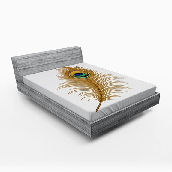 Ambesonne Animal Fitted Sheet, Exotic Peacock Wild Bird, Queen Size, Mustard Green Navy