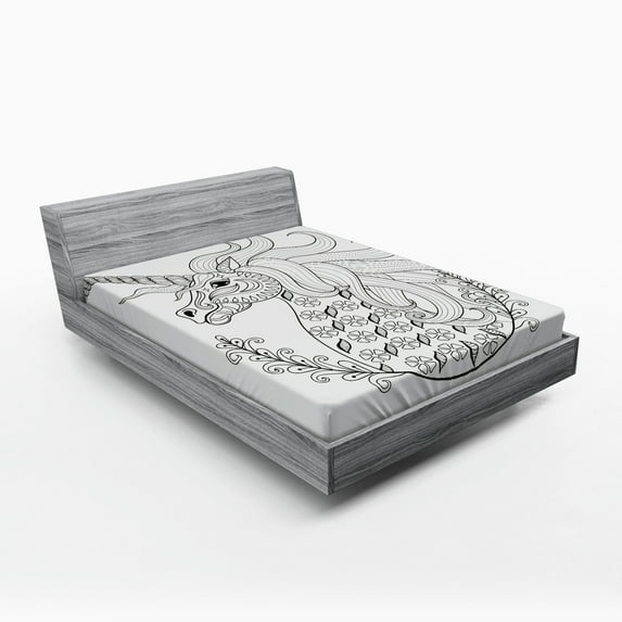 Ambesonne Animal Fitted Sheet, Fantasy Unicorn, Full Size, Black White