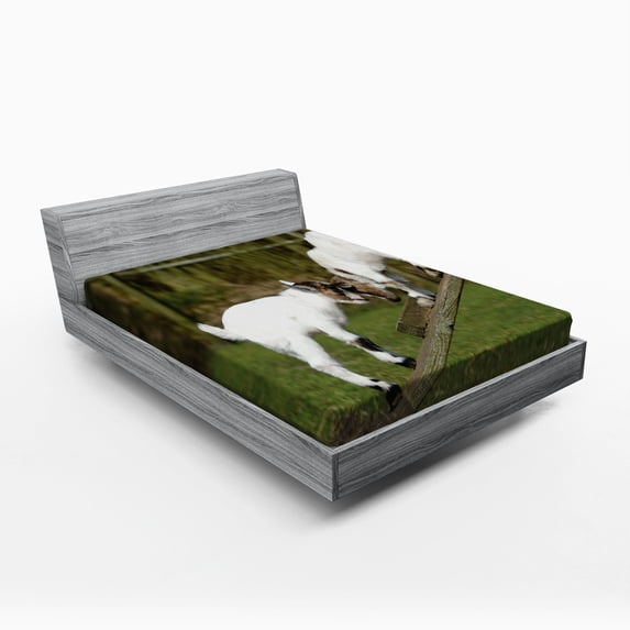 Ambesonne Animal Fitted Sheet, Farm Life with Goats, Full Size, White Green
