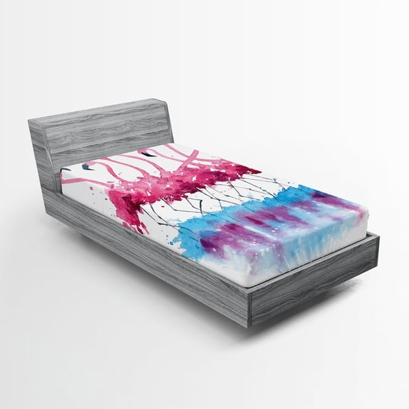 Ambesonne Animal Fitted Sheet, Flamingo and Bird, Twin XL Size, Pink Blue Purple