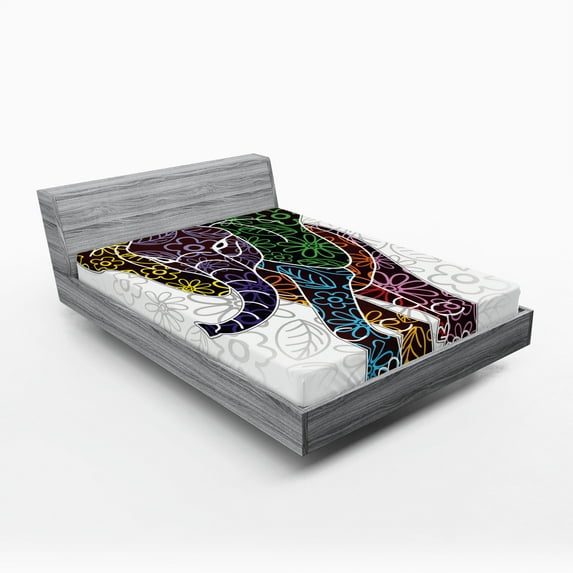 Ambesonne Animal Fitted Sheet, Floral Tribal Shapes, King Size, Multicolor