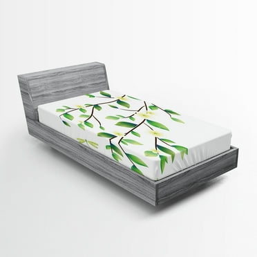 Ambesonne Animal Fitted Sheet, Flower and Dragonflies, Twin XL Size, Green White
