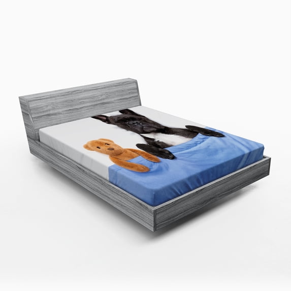 Ambesonne Animal Fitted Sheet, French Bulldog with Bear, Full Size, Multicolor