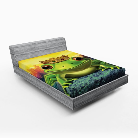 Ambesonne Animal Fitted Sheet, Frog Prince with Crown, Full Size, Green Yellow