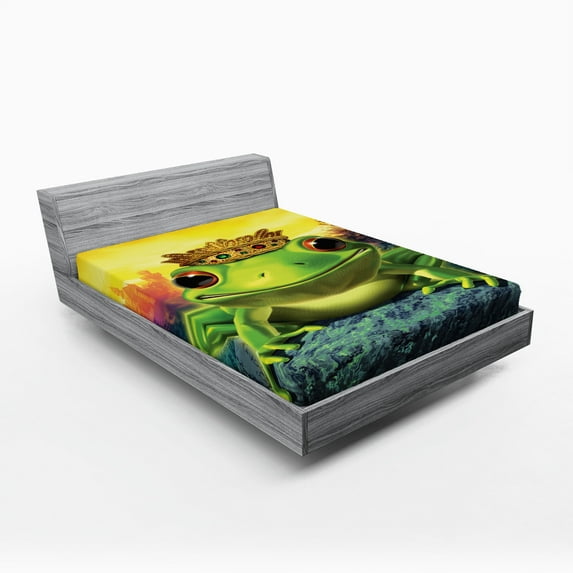 Ambesonne Animal Fitted Sheet, Frog Prince with Crown, Queen Size, Green Yellow