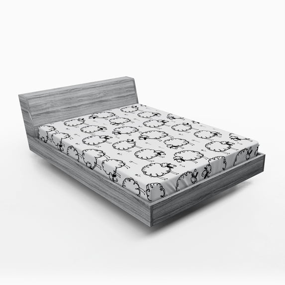 Ambesonne Animal Fitted Sheet, Funny Sheeps on a Meadow, Full Size, Black White