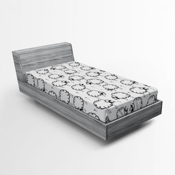 Ambesonne Animal Fitted Sheet, Funny Sheeps on a Meadow, Twin XL Size, Black White