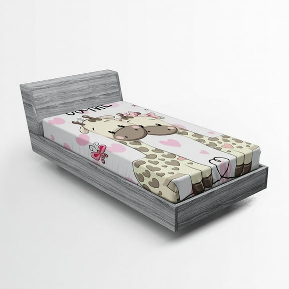 Ambesonne Animal Fitted Sheet, Giraffes and Hearts, Twin Size, White Grey Pink