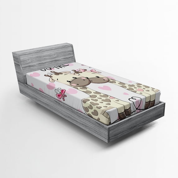 Ambesonne Animal Fitted Sheet, Giraffes and Hearts, Twin XL Size, White Grey Pink