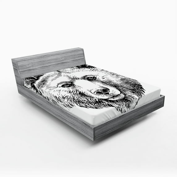 Ambesonne Animal Fitted Sheet, Grizzly Bear Ink Sketch, Full Size, Black White