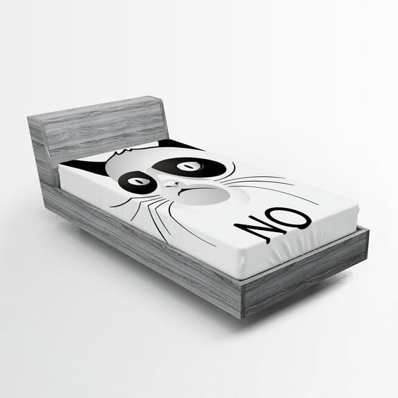 Ambesonne Animal Fitted Sheet, Grumpy Face Famous Cat, Twin XL Size, Black and White