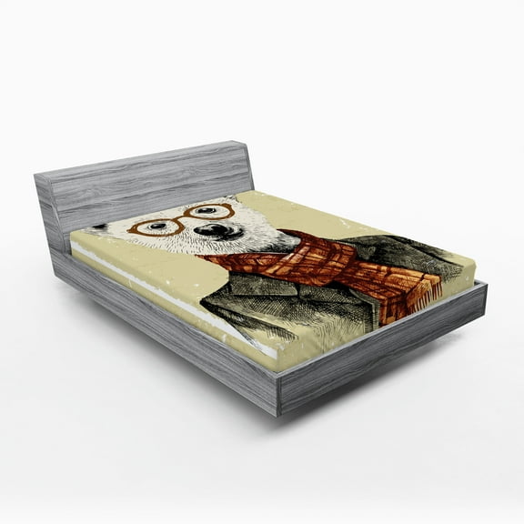 Ambesonne Animal Fitted Sheet, Hipster Bear Glasses, Full Size, Cream Dark Orange Black
