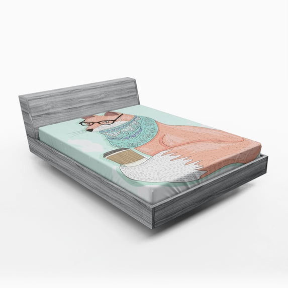 Ambesonne Animal Fitted Sheet, Hipster Fox Glasses, Full Size, Coral Mint Green