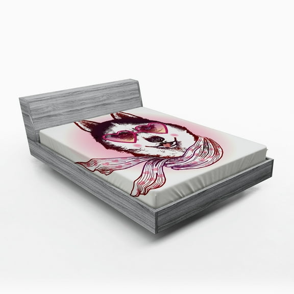 Ambesonne Animal Fitted Sheet, Hipster Husky Dog Hearts, Full Size, Pink Cream Black