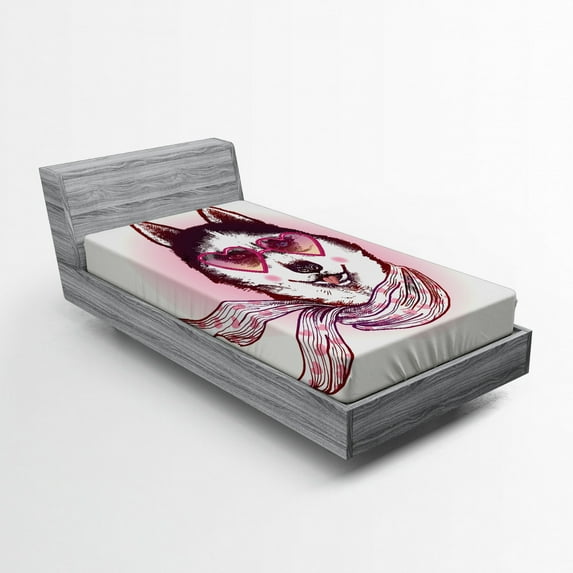 Ambesonne Animal Fitted Sheet, Hipster Husky Dog Hearts, Twin XL Size, Pink Cream Black