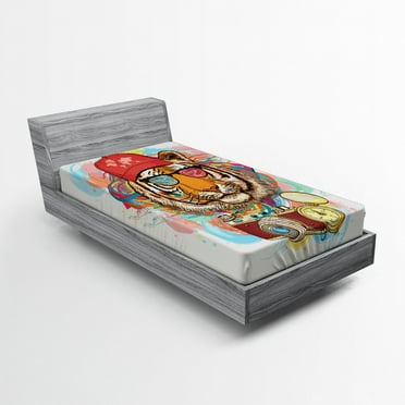 Ambesonne Animal Fitted Sheet, Hipster Tiger Sunglasses, Twin Size, Multicolor