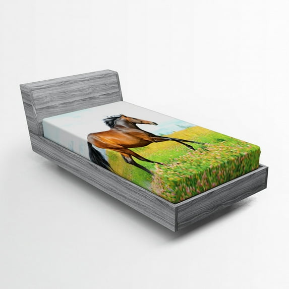 Ambesonne Animal Fitted Sheet, Horse Rural Flowers, Twin Size, Green Brown Pale Blue