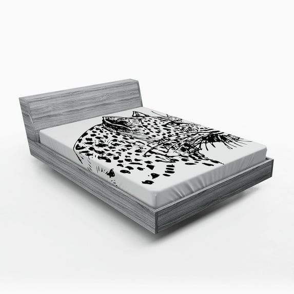 Ambesonne Animal Fitted Sheet, Jaguar Sketch Wildlife, Queen Size, White and Black
