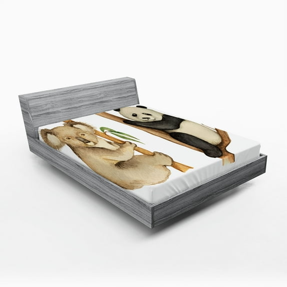 Ambesonne Animal Fitted Sheet, Koala Panda Watercolor, Queen Size, Beige Black