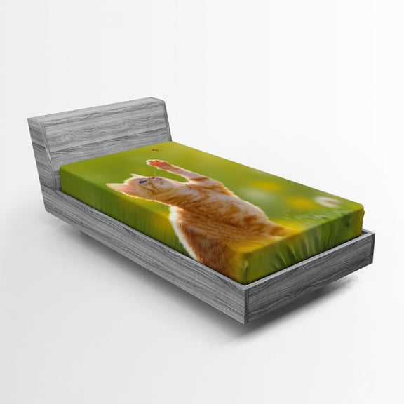 Ambesonne Animal Fitted Sheet, Ladybug Cats Dandelions, Twin XL Size, Earth Yellow Pale Green